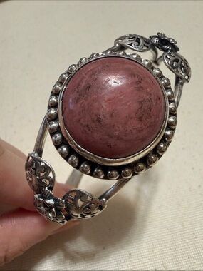 Elegant Antique Vintage Sterling Silver 925 Pink Stone Cuff Bracelet Rare Find